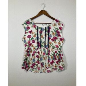 LC Lauren Conrad Floral Peplum Blouse Women Large White Sleeveless Lace Trim Top